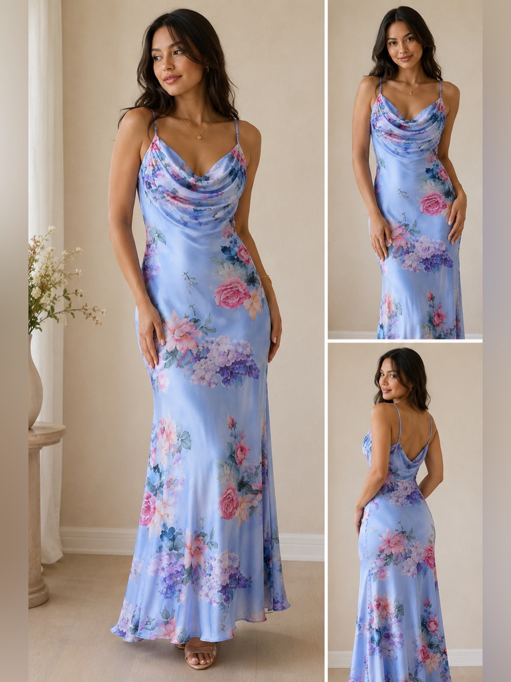 Floral Cowl Neck Slip Dress - Light Blue